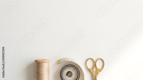 Sewing and tailoring tools arrangement with spool of thread, tape measure, and golden scissors
