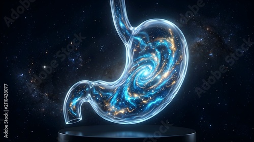 Human stomach with galaxy inside. Conceptual anatomy showing digestive system and cosmos.