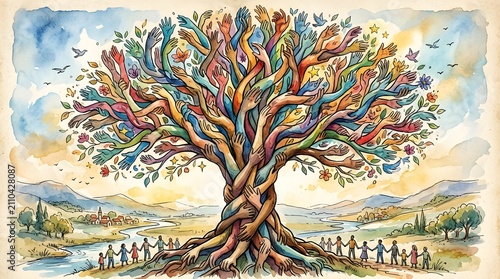 Hand-painted colorful tree of life with birds and nature landscape. Vibrant watercolor illustration of spiritual growth and harmony in serene sunse...