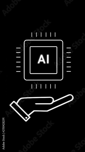 Minimal glowing artificial intelligence chip icon emerging from a hand, motion graphic line art animation on black background