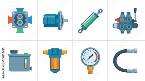 Hydraulic System Components Collection: Cylinder, Pump, Manifold, Filter, Gauge