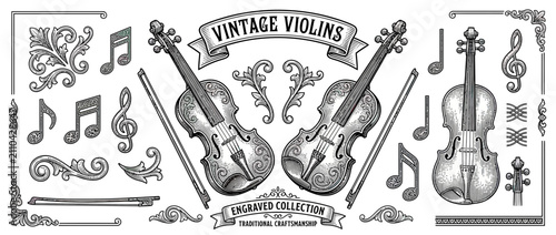Foto Engraved Vintage Violins and Musical Elements