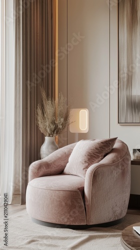 Pink velvet swivel chair in a sunlit modern interior corner with elegant decor for luxury furniture retail and home lifestyle branding