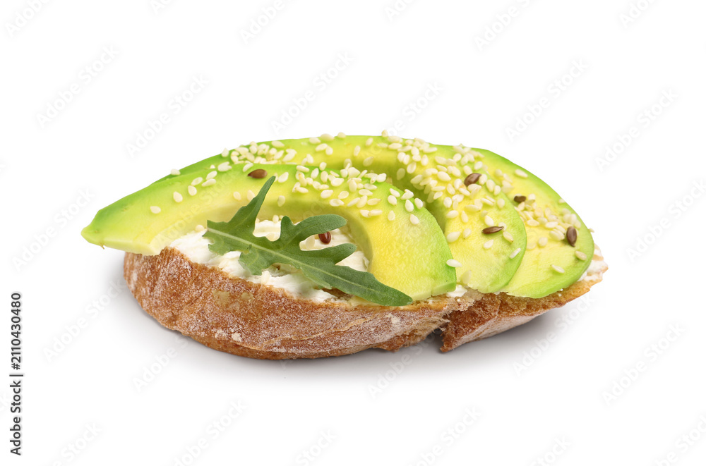 Obraz premium Tasty bruschetta with avocado on white background