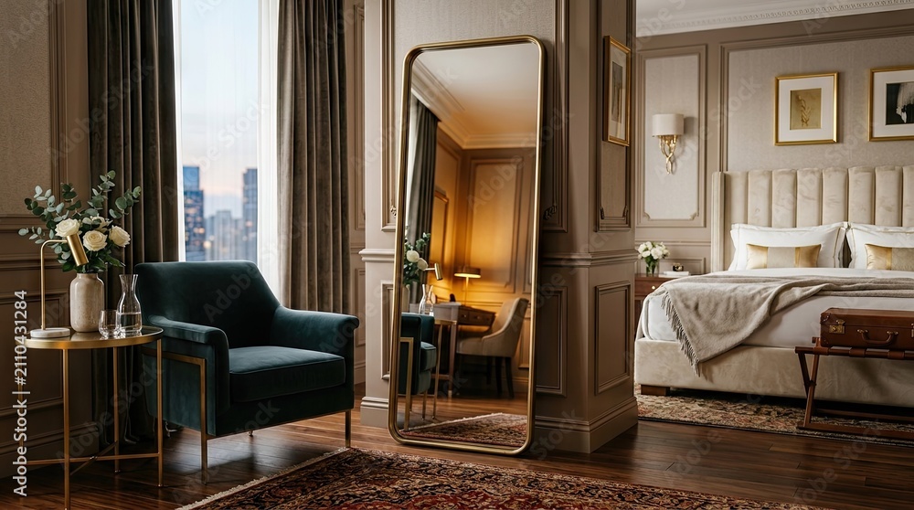 Fototapeta premium A luxurious bedroom with a large mirror, a bed, and a green armchair, set against a neutral-colored wall with a window overlooking a cityscape.