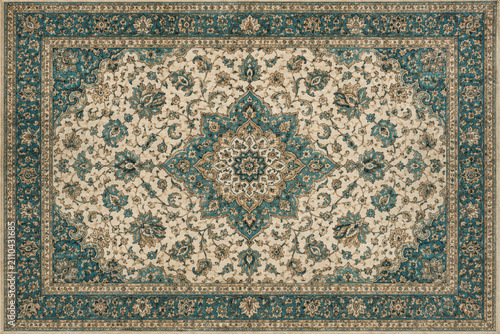 Persian carpet in beige and green traditional ornamental pattern