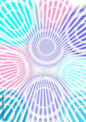 A vibrant abstract pattern featuring explosive sunburst rays and geometric mandalas in bright cyan, pink, and purple pastel tones.