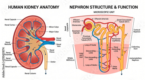 Human Kidney Anatomy Cross Section Diagram with Renal Cortex, Medulla, Renal Pelvis and Nephron Structure