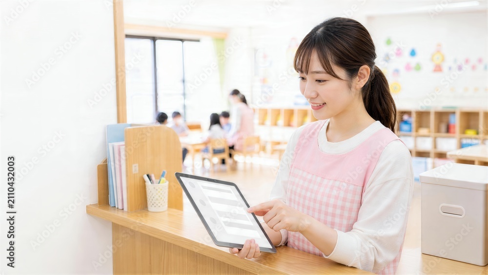 Obraz premium 保育室で連絡帳アプリに入力する女性保育士