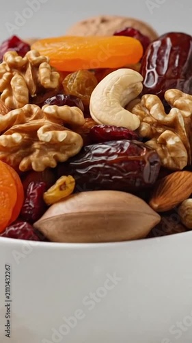 A ceramic bowl filled with an assortment of nutritious mixed nuts and dried fruits