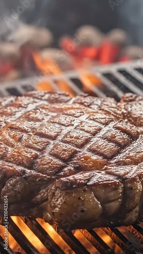 Juicy steak grilling on hot barbecue coals with flames