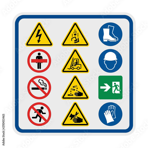 Collection of Industrial Warehouse Safety Signs and Warning Symbols Vector Illustration