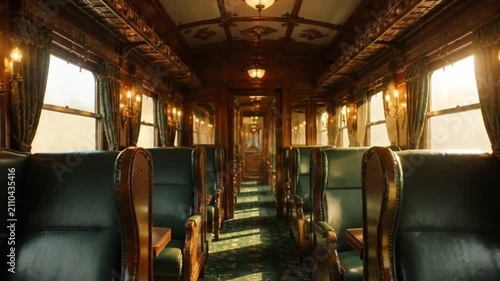 Interior of Luxury Vintage Train Car with Leather Seats. 4K Video