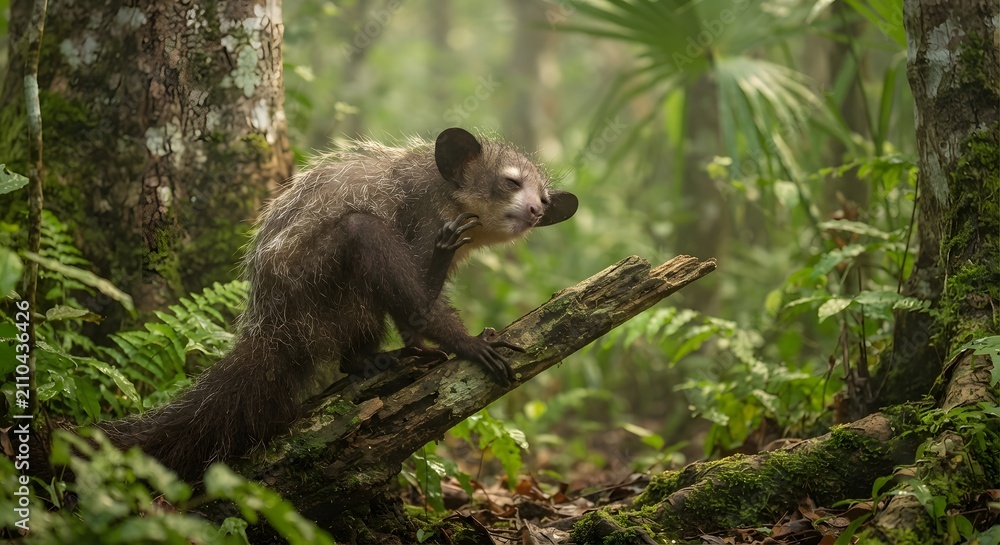 Fototapeta premium An ayeaye lemur scratching its head while perched on a fallen log in a dense forest