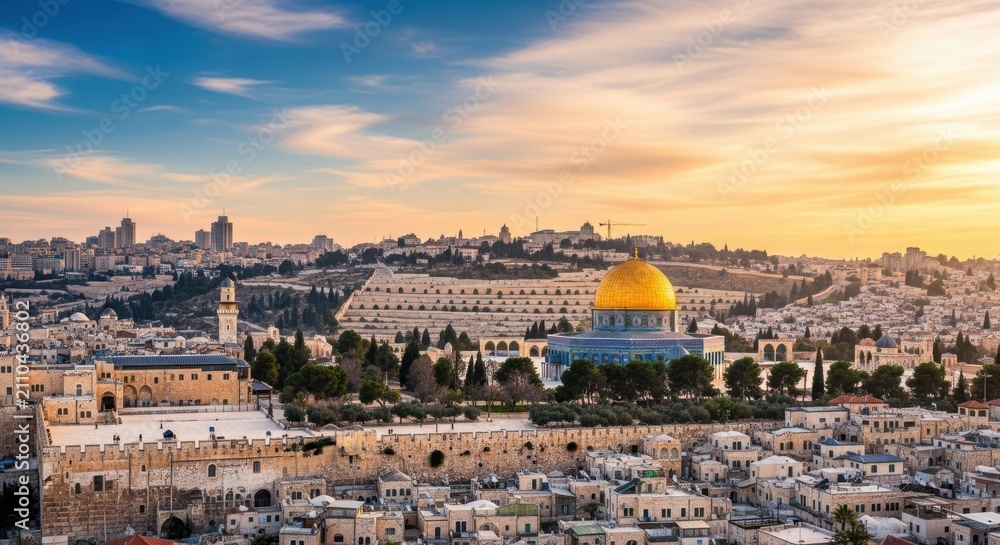 Fototapeta premium Dome of the rock and old city of jerusalem at sunset with a beautiful golden sky