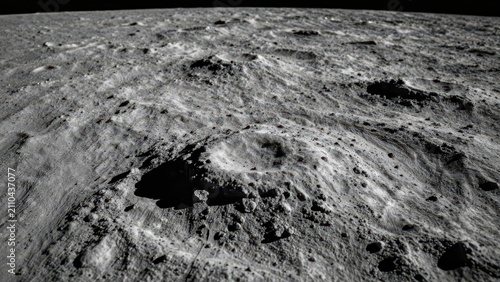 Vast cratered lunar surface landscape showing desolate moon terrain with rocky craters and dark shadows under harsh sunlight in space with a distant horizon view