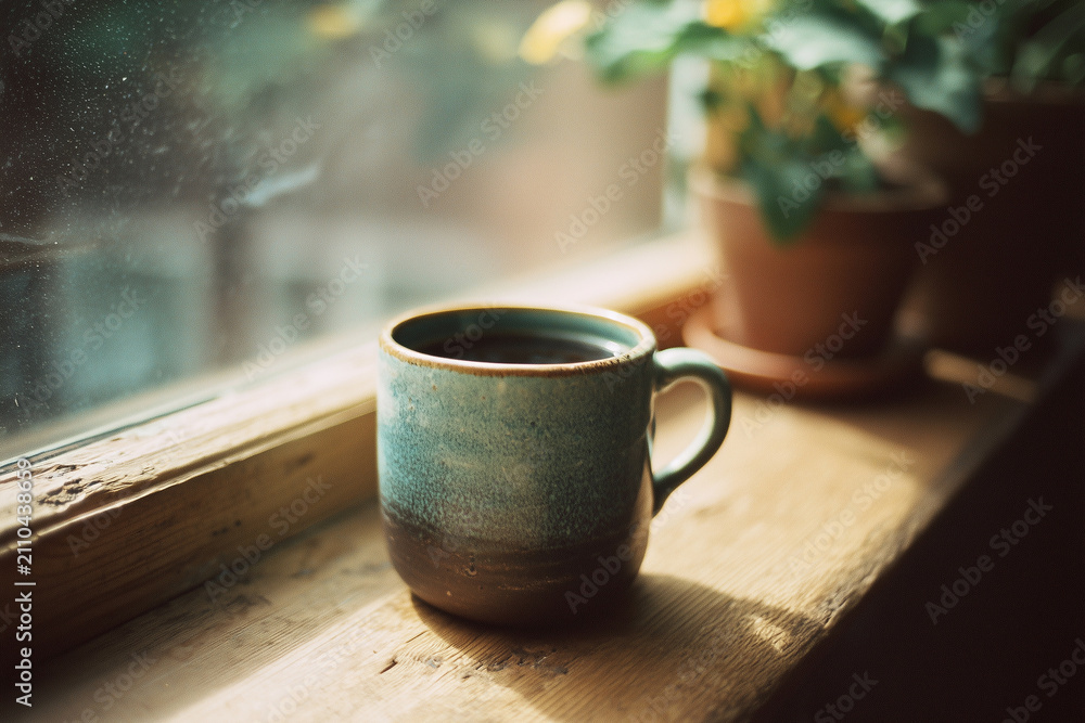 Obraz premium Cozy coffee mug on wooden windowsill with morning light