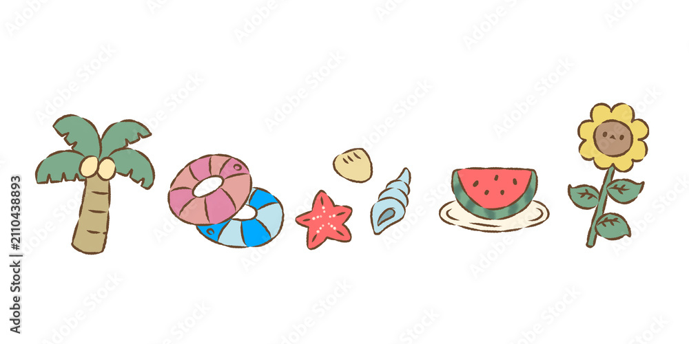Fototapeta premium 背景透過のもっちり手描きイラスト 夏の飾り罫線 ライン 夏の海