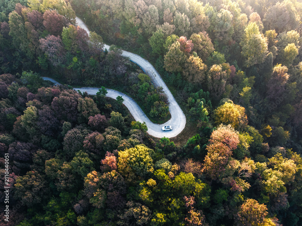 Obraz premium An aerial view of a winding asphalt road cutting through a colorful autumn forest with a small car driving on the curve.