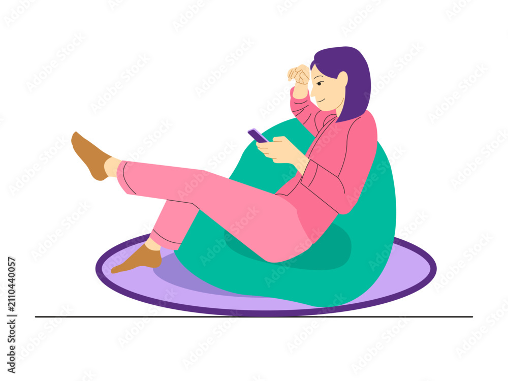 Obraz premium A woman lounging in a bright green bean bag chair while using a smartphone. Laziness illustrations. Flat vector concepts.