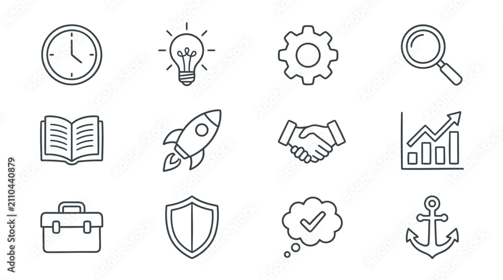 Fototapeta premium Minimalist Black and White Line Icons Set Featuring Clock Lightbulb Gear Magnifying Glass Book Rocket Handshake Chart Briefcase Shield Speech Bubble with Checkmark Anchor