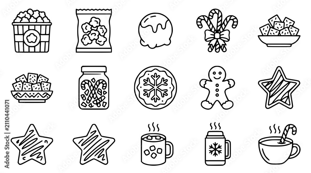 Fototapeta premium Christmas Treats Icons: Popcorn, Candy, Cookies, Hot Drinks & More - Line Art