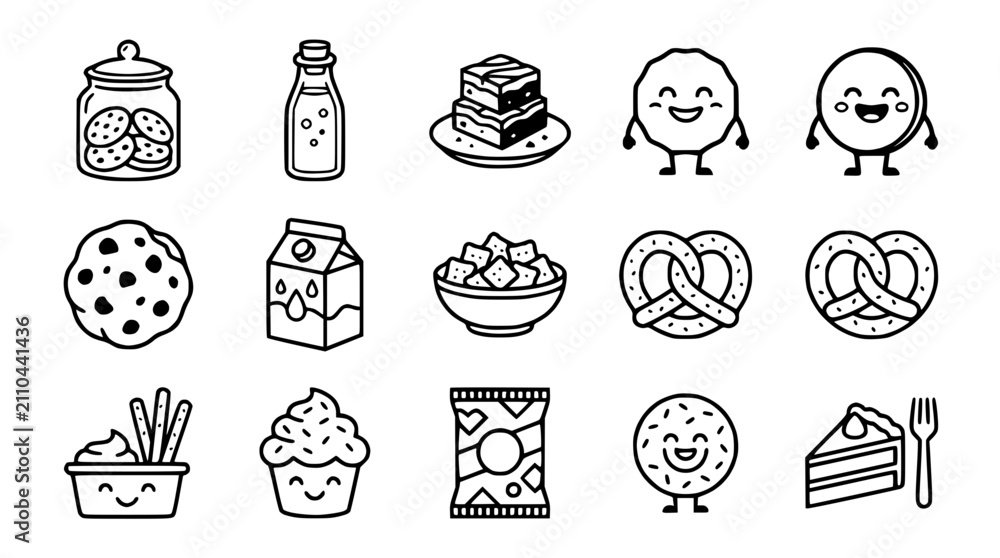 Fototapeta premium Cute Kawaii Food Icons: Cookies, Cake, Pretzel, Chips, Milk, Desserts - Vector Collection