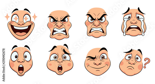Photos A collection of eight cartoon faces displaying a wide range of exaggerated human emotions and expressions