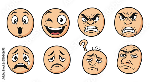 Canvastavla A collection of eight cartoon-style facial expressions depicting a range of human emotions, including surprise, joy, anger, sadness, and confusion