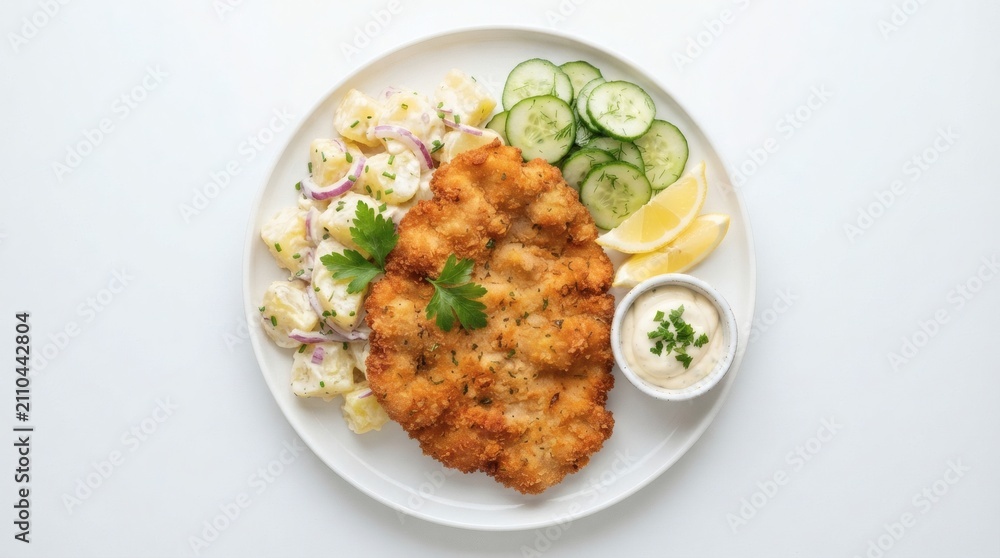 Fototapeta premium Top Down Food Photography Large Golden Crispy Chicken Schnitzel Round White Plate