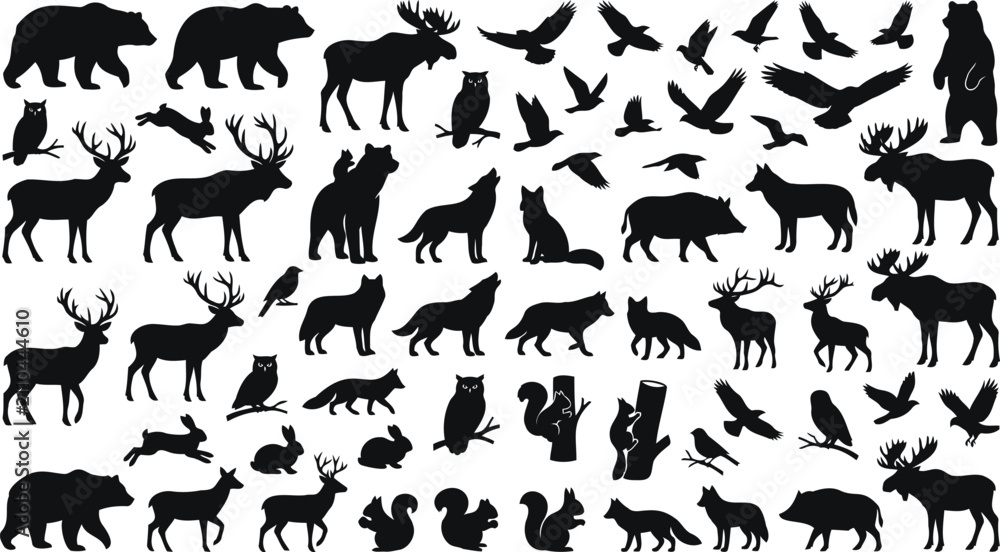 Fototapeta premium Wild forest animals and birds silhouette mega collection for hunting and wildlife decor