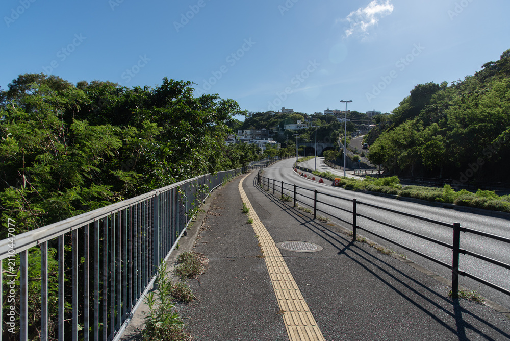 Obraz premium 快晴の空と橋の点字ブロックが続く歩道と車道