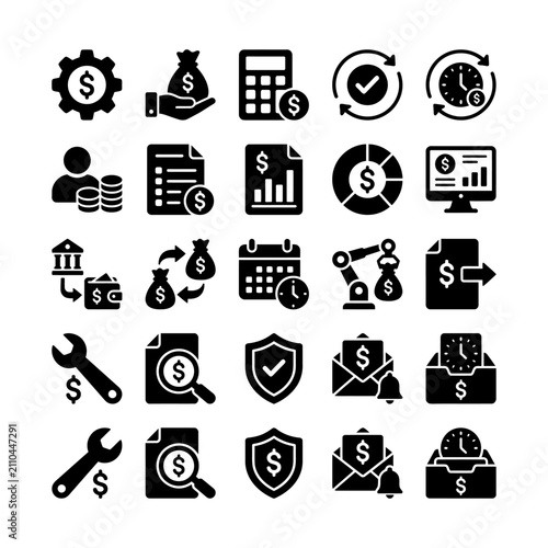 Financial Icons Set Representing Business and Money Management Concepts.