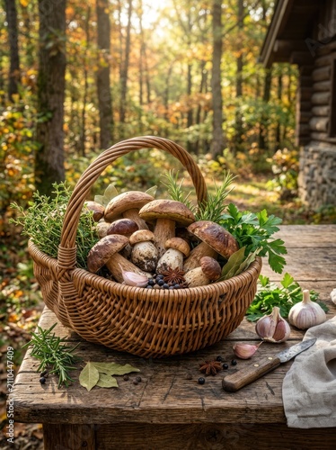 Basket of Fresh Porcini Mushrooms in Autumn Forest Setting.