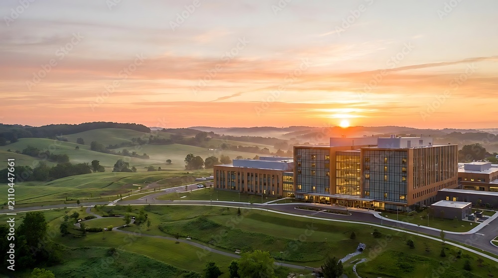 Obraz premium Modern glass building in hills during sunrise