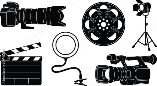 Photography Professional filmmaking and video production silhouette icon set featuring telep