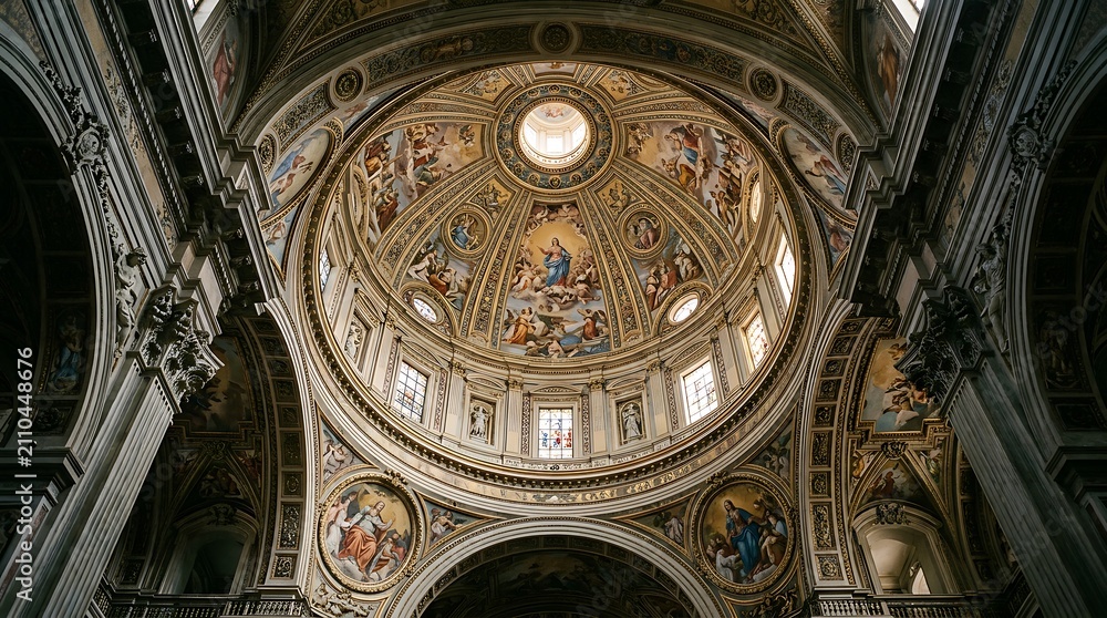Fototapeta premium Ornate cathedral dome interior. Detailed baroque church ceiling with religious frescoes.