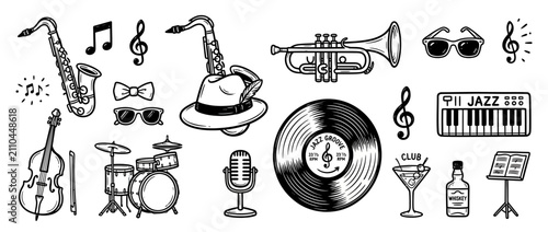 Canvas Print Hand-drawn music icons: jazz band instruments and accessories