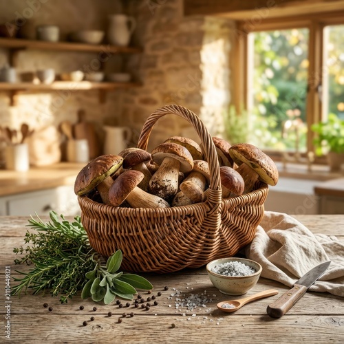 Freshly Harvested Porcini Mushrooms in a Rustic Kitchen Setting.