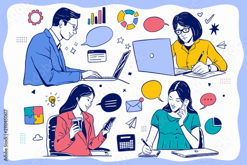 Business Teamwork illustrations. Trendy style. Men and women taking part in business activities.
