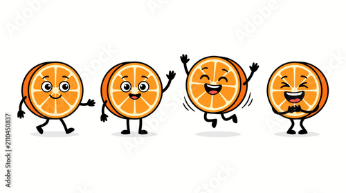 Happy orange slice cartoon characters walking waving and laughing