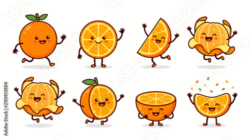 Kawaii orange fruit characters in various happy and active poses