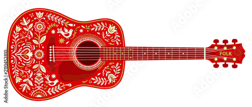 Фотография Red Folk Guitar with Floral and Bird Ornaments