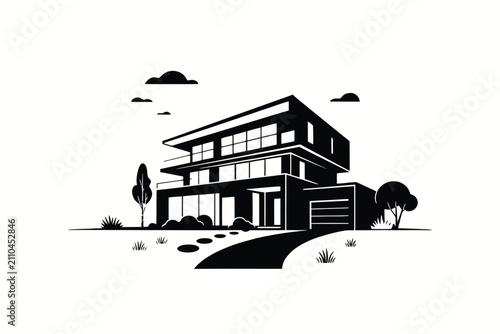 Modern house silhouette against a white background with stylized landscaping