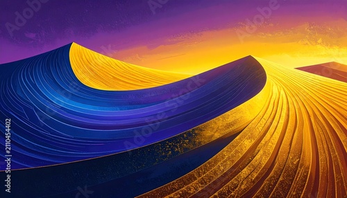 Futuristic Landscape with Vibrant Ribbons and Colorful Sunset