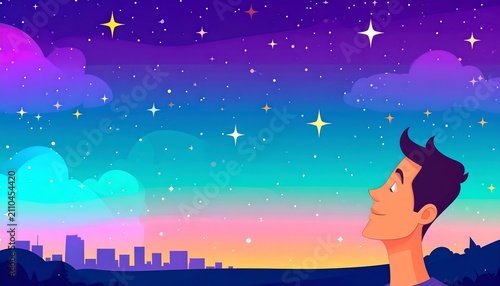Young Man Gazing Starry Evening Sky