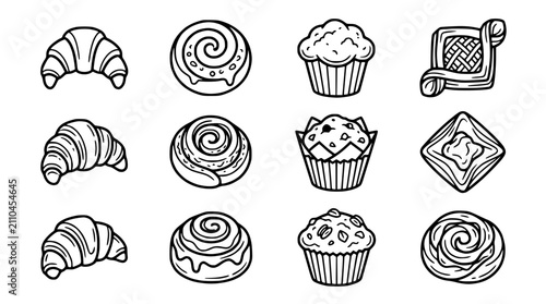 Hand-drawn pastries and baked goods: croissants, cinnamon rolls, muffins, and danishes