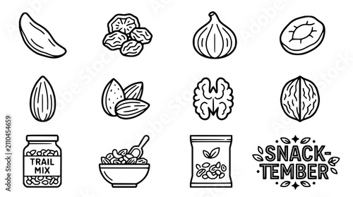 Healthy Snack Icons: Nuts, Dried Fruits, Trail Mix, and 'Snacktember' Text