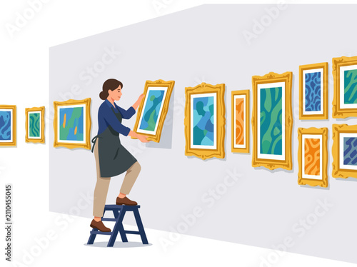 Museum curator arranging framed abstract paintings on a gallery wall