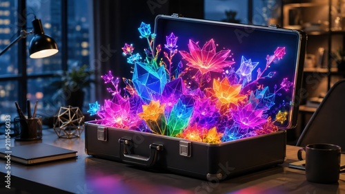 Neon Glowing Geometric Flowers Inside an Open Black Business Briefcase